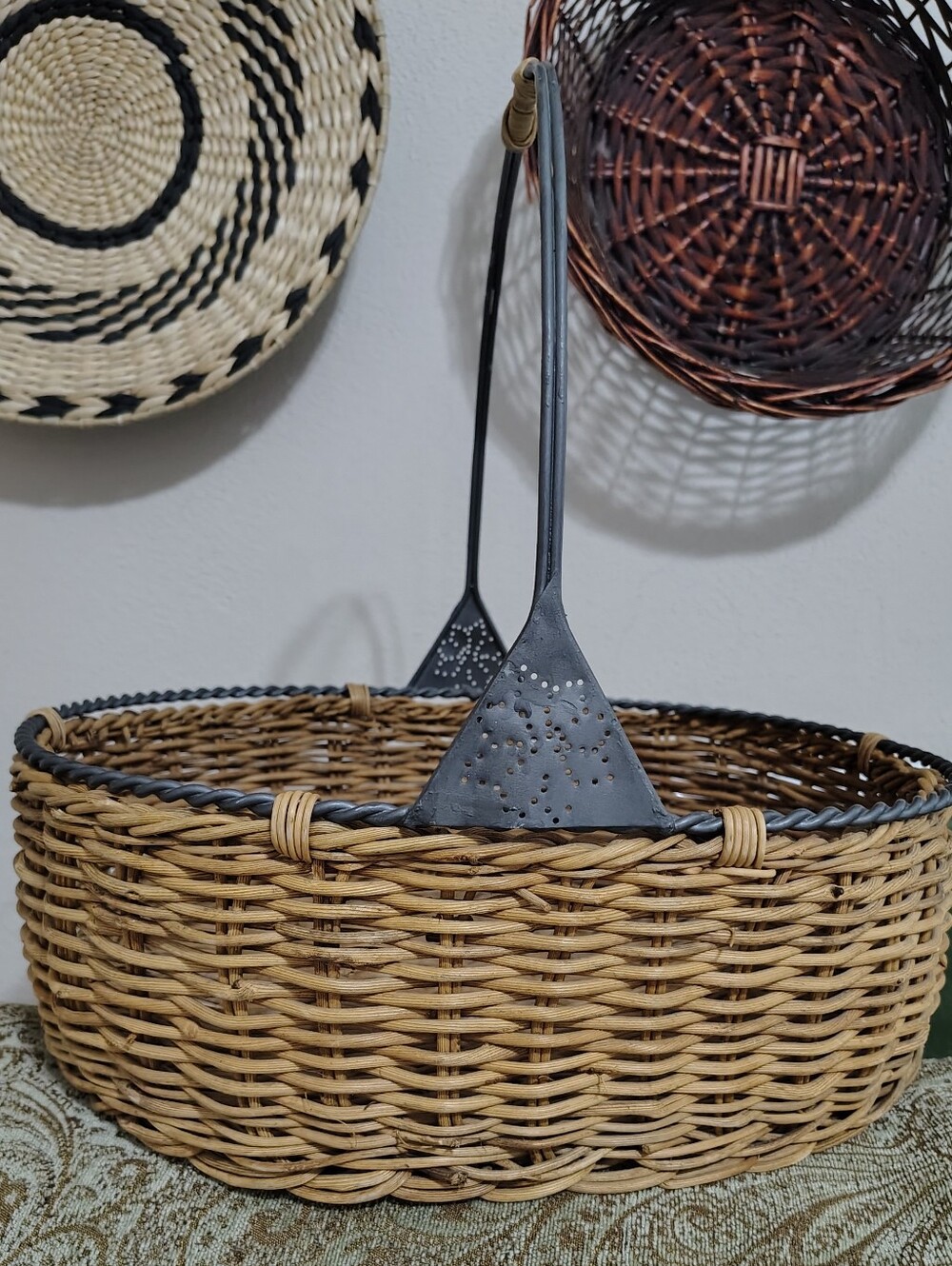 Large Woven Rattan Basket with Iron Handle And Edging